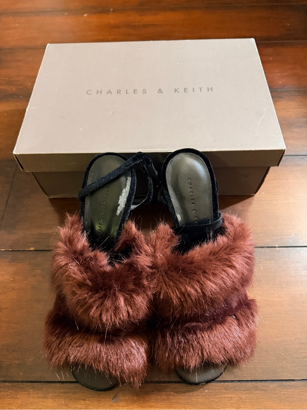 Charles & Keith Burgundy Faux Fur Heels